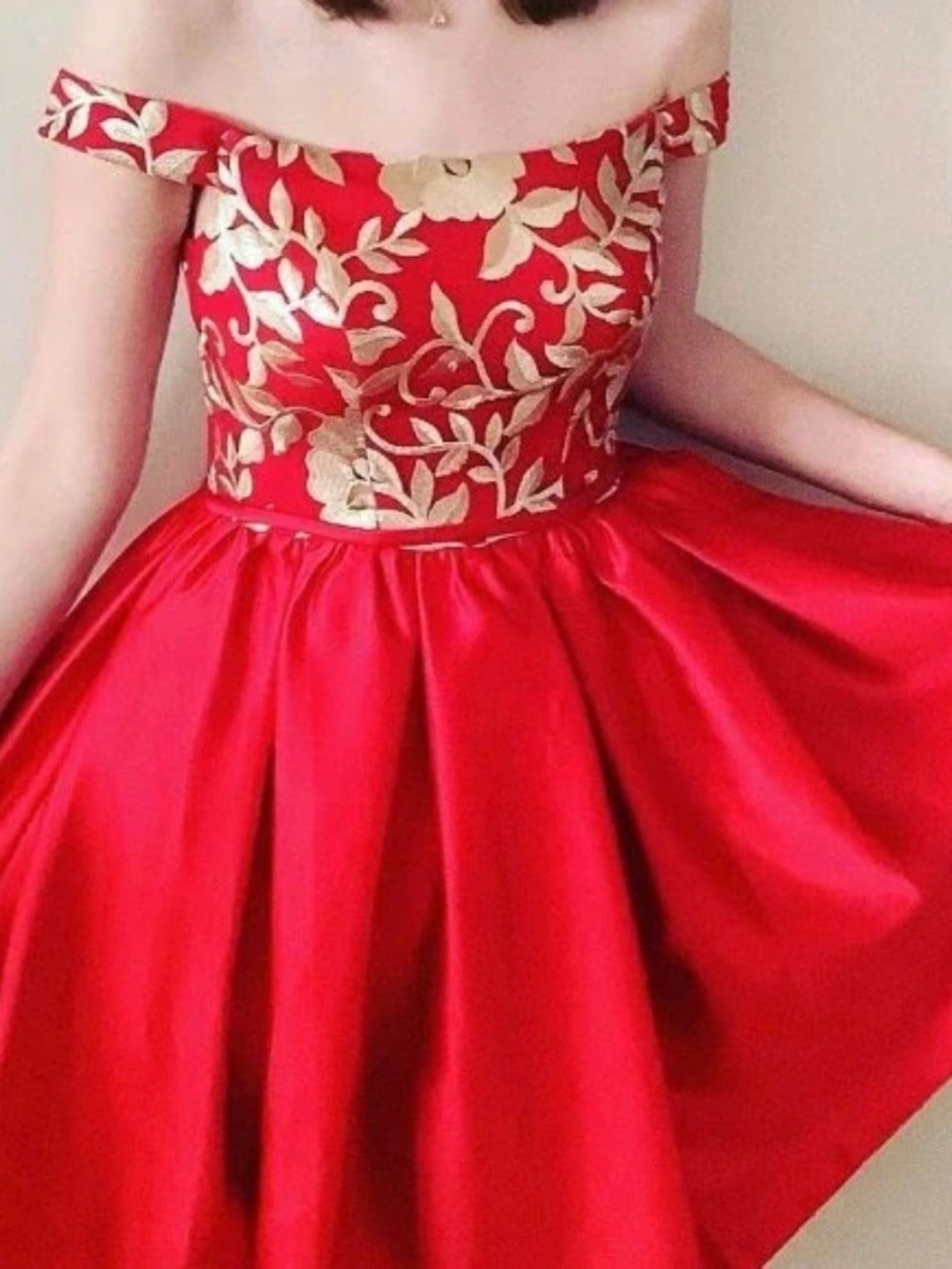 Fifteen Flowers Red & Gold Off the Shoulder Formal Dress